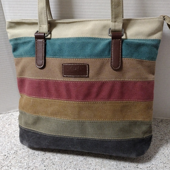 MANJIANGHONG Multi Coloured Striped Canvas Tote Shoulder Bag Casual Handbag - Picture 7 of 9
